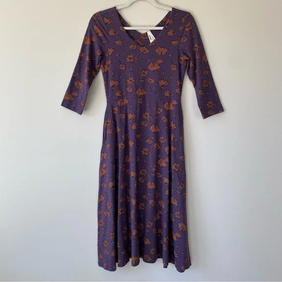 Pact Organic Brush Floral Currant Fit & Flare Midi Party Dress Size Small - Picture 2 of 15